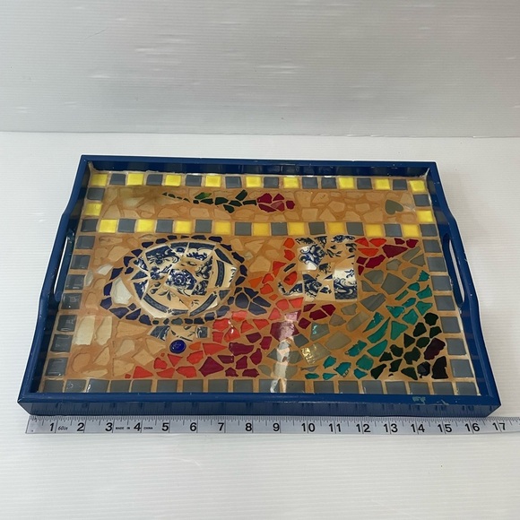 Mosaic Tile And Wooden Serving Tray Blue Colorful 16" X 11" - Picture 5 of 10